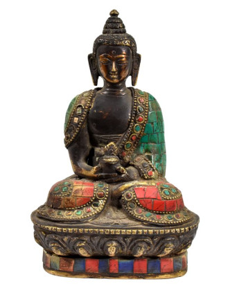 Buddha Amithaba, mosazná soška, antik úprava, vykládaná polodrahokamy, 18cm