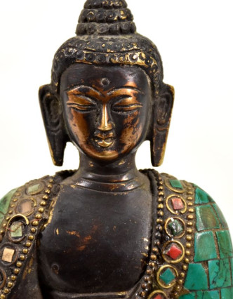 Buddha Amithaba, mosazná soška, antik úprava, vykládaná polodrahokamy, 18cm