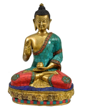 Buddha Amoghasiddhi, mosazná soška, vykládaná polodrahokamy, 15cm