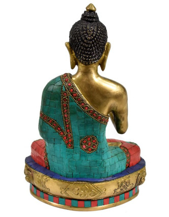 Buddha Amoghasiddhi, mosazná soška, vykládaná polodrahokamy, 15cm