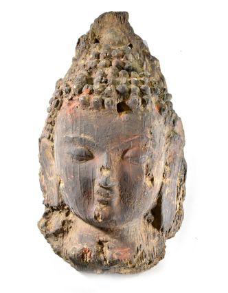 Unikátní maska hlava Buddhy, keramika v úpravě dřeva, 47cm