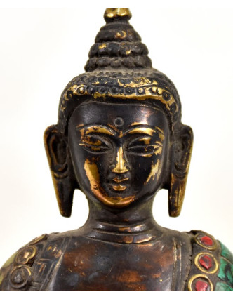Buddha Amoghasiddhi, mosazná soška, antik úprava, vykládaná polodrahokamy, 18cm