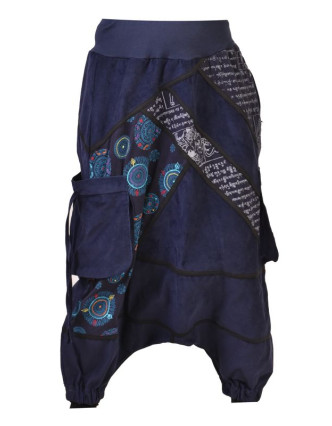 Dlouhé manžestrové turecké kalhoty, tmavě modré, Chakra tisk a výšivka, kapsy