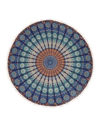 Bavlněný kulatý přehoz s mandalou, tmavě modrý, 190 cm