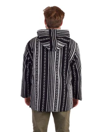 Unisex nepálská ghari bunda s kapucí, černobílá, podšívka, zapínání na zip