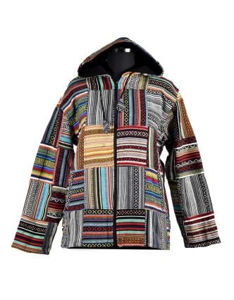 Unisex tibetská patchworková bunda s kapucí, zapínání na zip, kapsy, zelená