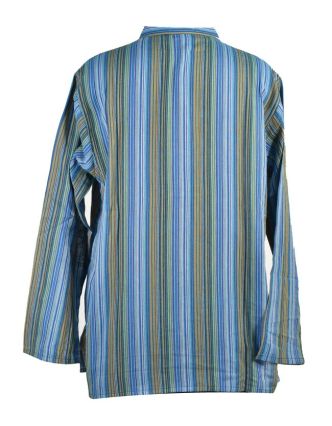 Pruhovaná pánská košile-kurta s dlouhým rukávem a kapsičkou, modrá