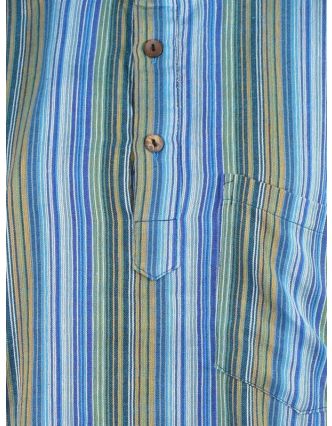 Pruhovaná pánská košile-kurta s dlouhým rukávem a kapsičkou, modrá