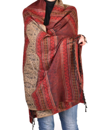Velký zimní šál se vzorem, hnědo-červená, 205x95cm
