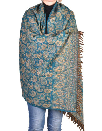 Velký zimní šál se vzorem paisley, tyrkys, 205x95cm
