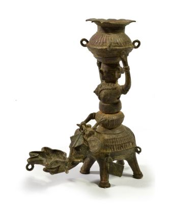 Mosazná olejová lampa, žena na slonu, tribal art, 13x16cm