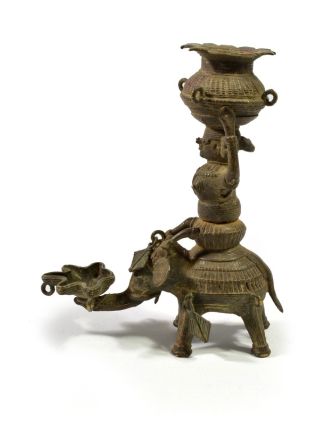 Mosazná olejová lampa, žena na slonu, tribal art, 13x16cm