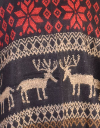Pončo s límcem a třásněmi, vzor jeleni, černo-červená, univerzální velikost