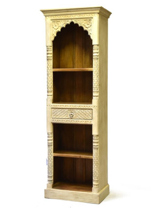 Knihovna z mangového dřeva, bílá patina, ruční řezby, 65x41x195cm