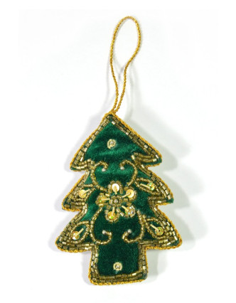 Vánoční ozdoba, stromeček, zelený samet, bohatě zlatě zdobená, cca 10x7cm