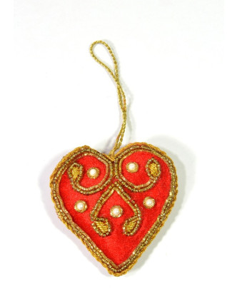 Vánoční ozdoba, srdce, červený samet, bohatě zlatě zdobená, cca 7x7cm