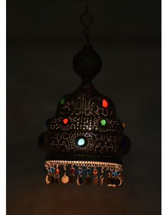 Mosazná lampa v orientálním stylu s barevnými sklíčky, 26x26x36cm