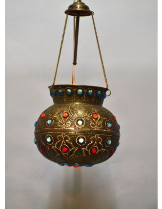 Mosazná lampa v orientálním stylu s barevnými sklíčky, 28x28x25cm