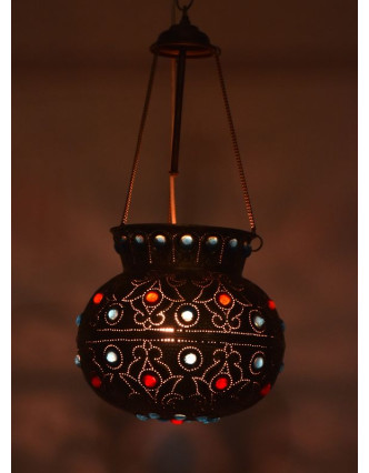 Mosazná lampa v orientálním stylu s barevnými sklíčky, 28x28x25cm