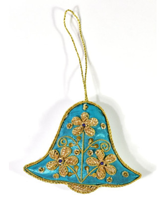 Vánoční ozdoba, modrý zvoneček, bohatě zlatě zdobená, 7,5x10cm