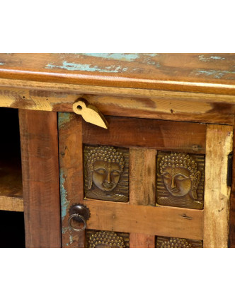 Komoda pod TV z antik teakového dřeva zdobená mosaznými Buddhy, 140x45x45cm