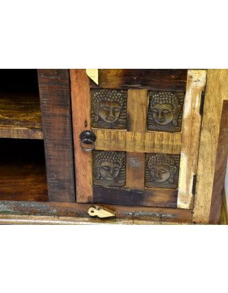 Komoda pod TV z antik teakového dřeva zdobená mosaznými Buddhy, 160x45x61cm