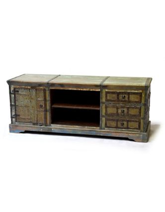 Komoda pod TV z antik teakového dřeva zdobená kováním, 148x46x60cm