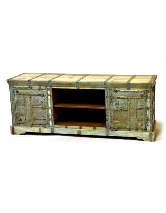 Komoda pod TV z antik teakového dřeva zdobená kováním, 148x46x60cm