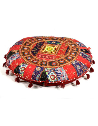 Kulatý meditační polštář se zrcátky, ručně vyšívaný patchwork, 70x70x10cm
