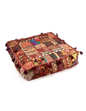 Čtvercový meditační polštář, ručně vyšívaný patchwork, 60x60x10cm