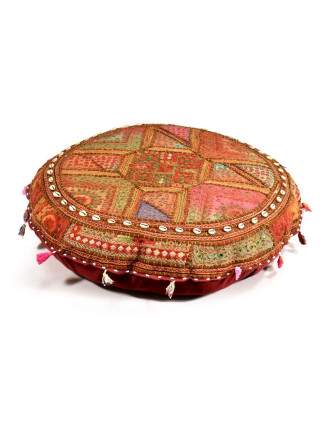 Červený meditační polštář, "Antik" z Rajastanu, zrcátka, mušličky, 85x20cm