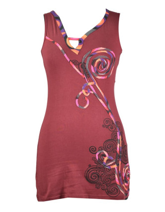 Krátké vínové šaty bez rukávu, "Spiral Rose design", atypický výstřih