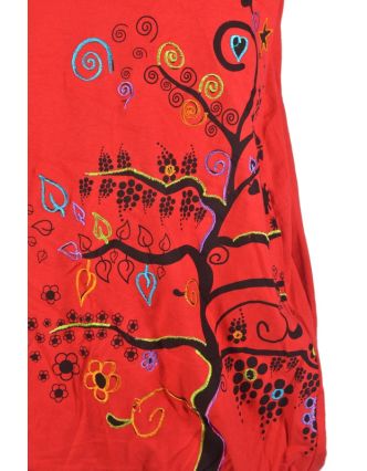 Krátká červená balonová sukně, Tree design, kombinace tisku a výšivky
