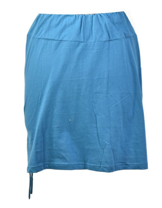 Krátká modrá sukně s potiskem a stahovací šňůrkou, pružný pas