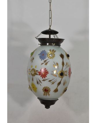 Oválná skleněná lampa zdobená barevnými kameny, bílá, 27x27x44cm