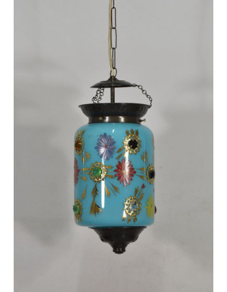 Oválná skleněná lampa zdobená barevnými kameny, tyrkys, 20x20x36cm