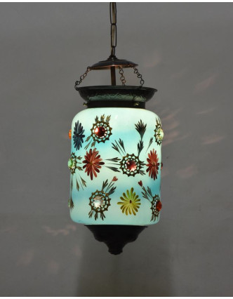 Oválná skleněná lampa zdobená barevnými kameny, tyrkys, 20x20x36cm