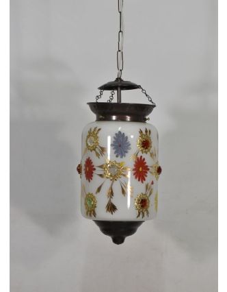 Oválná skleněná lampa zdobená barevnými kameny, bílá, 20x20x36cm