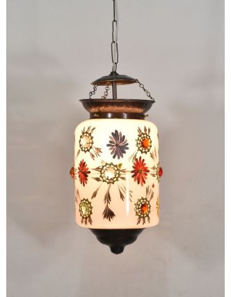 Oválná skleněná lampa zdobená barevnými kameny, bílá, 20x20x36cm