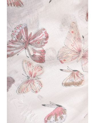Šátek s motivem motýlů a třásněmi, béžový, 180x75cm