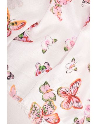 Šátek s motivem motýlů a třásněmi, béžový, 180x75cm