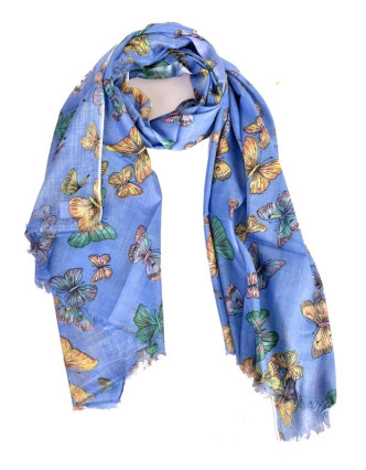 Šátek s motivem motýlů a třásněmi, modrofialový, 180x75cm