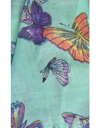 Šátek s motivem motýlů a třásněmi, zelený, 180x75cm