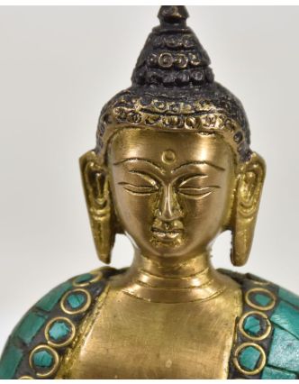 Buddha Amoghasiddhi, mosazná soška vykládaná polodrahokamy, 18cm