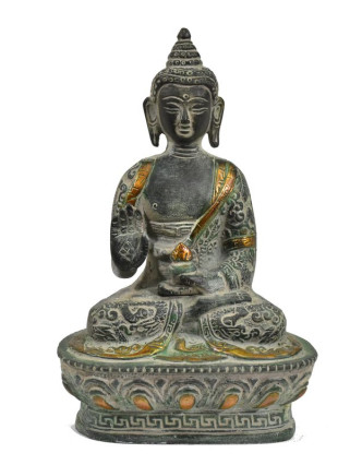 Buddha Amoghasiddhi, mosazná soška, kamenná patina, 18cm