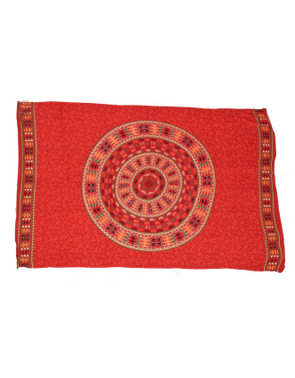 Sárong s ručním tiskem, červený, Mandala, sloni, 110x170cm
