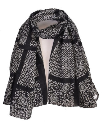 Bavlněný šátek s květinovým vzorem, černý, 185x75cm