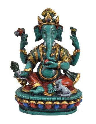 Ganesh sedící na podstavci, tyrkysový, ručně malovaný, pryskyřice, 16cm