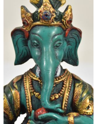 Ganesh sedící na podstavci, tyrkysový, ručně malovaný, pryskyřice, 16cm
