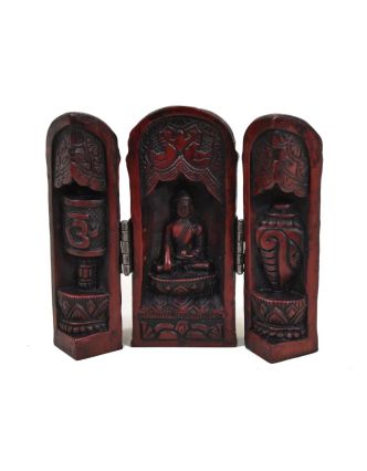Buddha, cestovní oltář, červeno hnědý, pryskyřice, 12cm